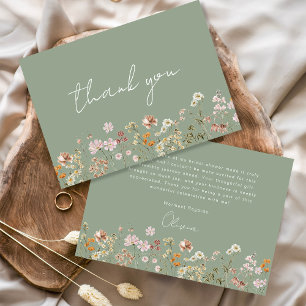 Carte De Remerciements Baby Shower Champêtre Vert Sauge Fleurs Sauvages p