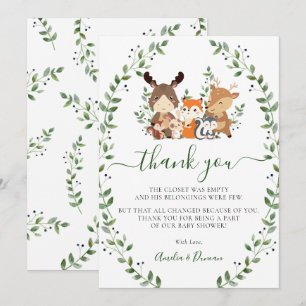 Carte De Remerciements Baby shower Chic Woodland Green Forest Animaux