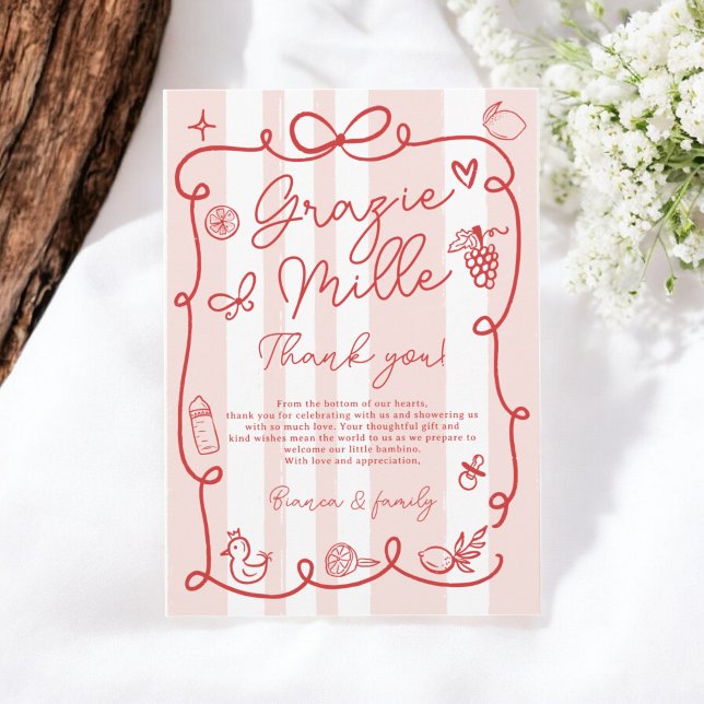 Carte De Remerciements Baby shower Ciao À Thème Italien Rouge Rosé (Red Pink Stripes Italian-Themed Ciao Baby Shower Thank You Card)