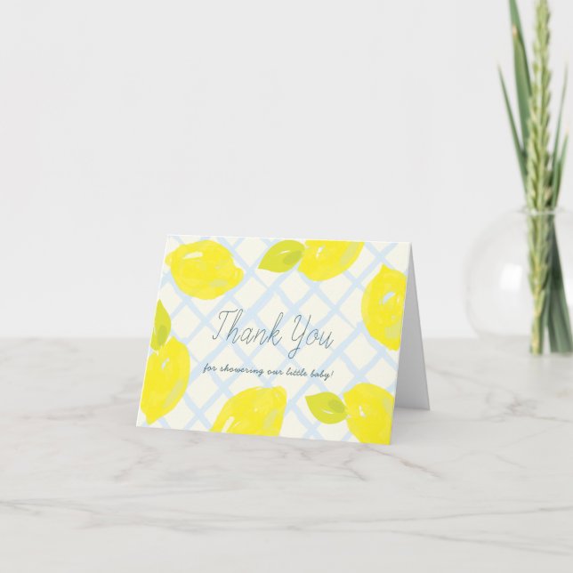 Carte De Remerciements Baby shower citron peint à la main Bleu Chèques (Devant)