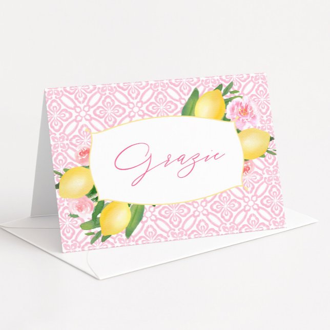 Carte De Remerciements Baby shower citrons d'aquarelle en carreaux rose g (Grazie thank you card design with pink vintage-inspired tiles, watercolor lemons and pink flowers)