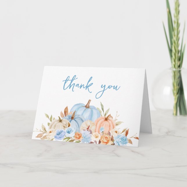 Carte De Remerciements Baby shower Citrouille bleu automne (Devant)