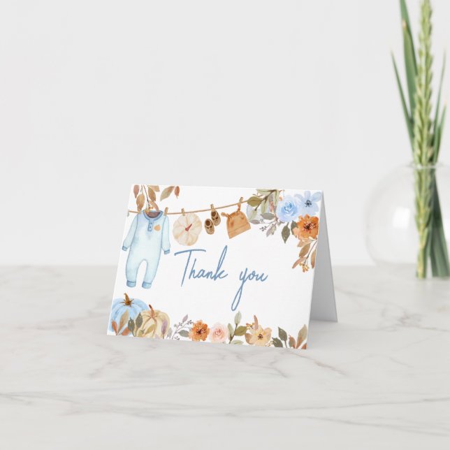 Carte De Remerciements Baby shower Citrouille bleu automne (Devant)