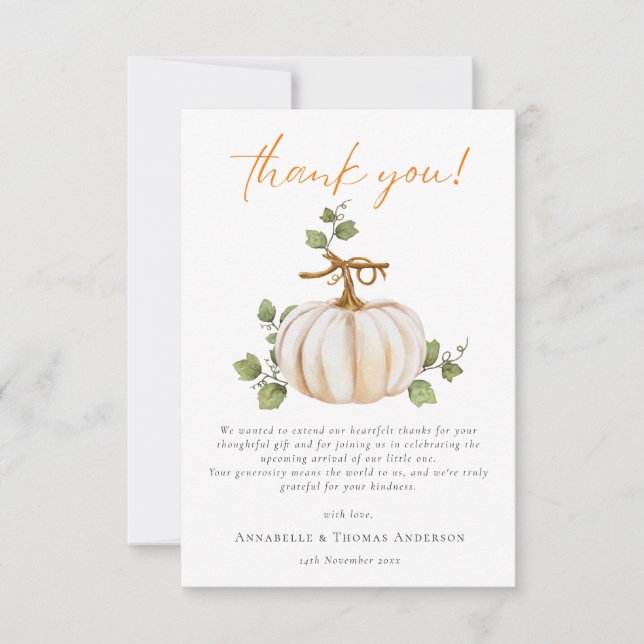 Carte De Remerciements Baby shower Citrouille d'automne neutre (Devant)