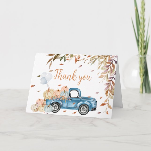 Carte De Remerciements Baby shower Citrouille de la chute du camion bleu (Devant)