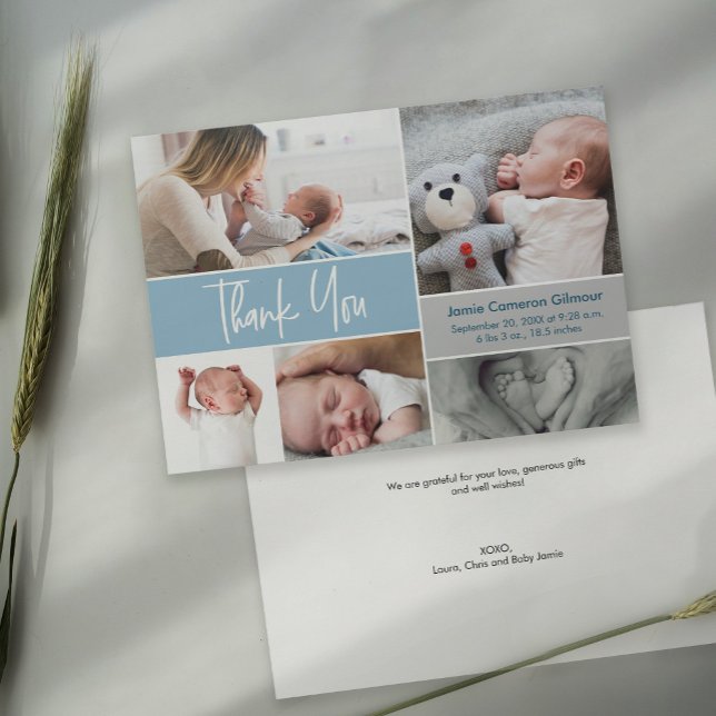 Carte De Remerciements Baby Shower Collage de photos avec lettrage bleu (Modern baby photo collage blue design. Birth stat and baby name included with personal message.)