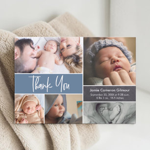 Carte De Remerciements Baby Shower Collage Photo Moderne Bleu Poussiéreux