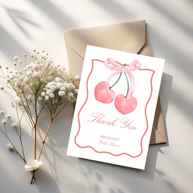 Carte De Remerciements Baby shower coquette rose cerise (Cherry pink coquette baby shower thank you cards pastel pink wavy border thank you cards)