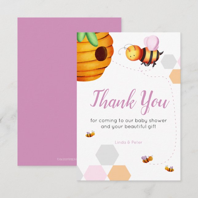 Carte De Remerciements Baby shower d'abeille rose (Devant / Derrière)