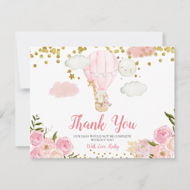 Carte De Remerciements Baby shower d'animaux à bulles à air chaud rose (Devant)