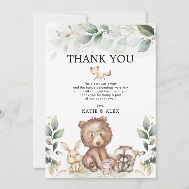 Carte De Remerciements Baby shower d'animaux de bois de verdure douce (Devant)