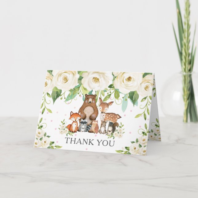 Carte De Remerciements Baby shower d'animaux de bois floraux blancs d'ivo (Devant)