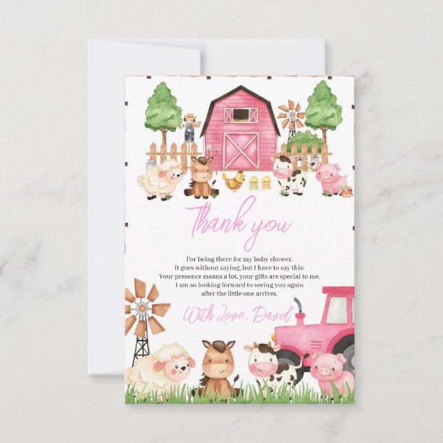 Carte De Remerciements Baby shower d'animaux de ferme roses (Devant)