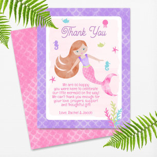 Carte De Remerciements Baby shower d'aquarelle à cheveux rouges de sirène