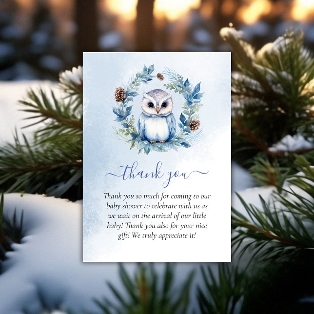 Carte De Remerciements Baby shower d'aquarelle de la Chouette d'hiver Mer (Winter Owl Watercolor Baby Shower Thank You)