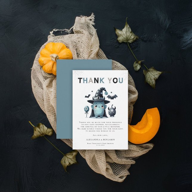 Carte De Remerciements Baby shower d'aquarelle d'Halloween de Monster mig (fall baby shower thank you card we created a monster cute adorable watercolor october november boo)