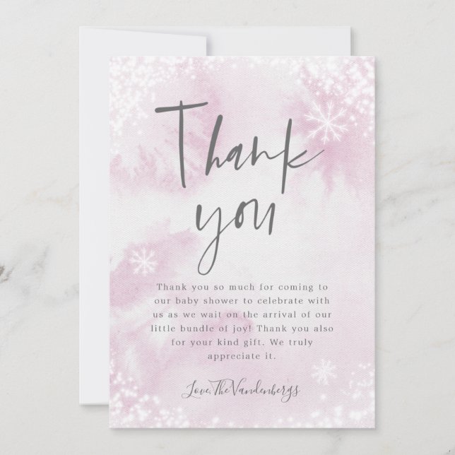 Carte De Remerciements Baby shower d'aquarelle d'hiver rose (Devant)