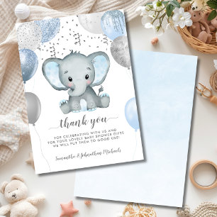 Carte De Remerciements Baby shower d'aquarelle Elephant Boy Balloons