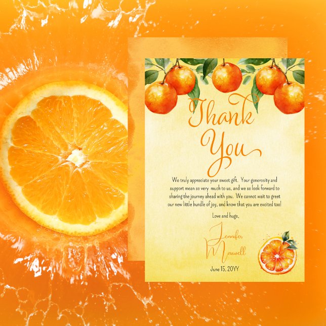 Carte De Remerciements Baby shower d'aquarelle Little Cutie Citrus (Little Cutie Citrus Watercolor Baby Shower Thank You Card)