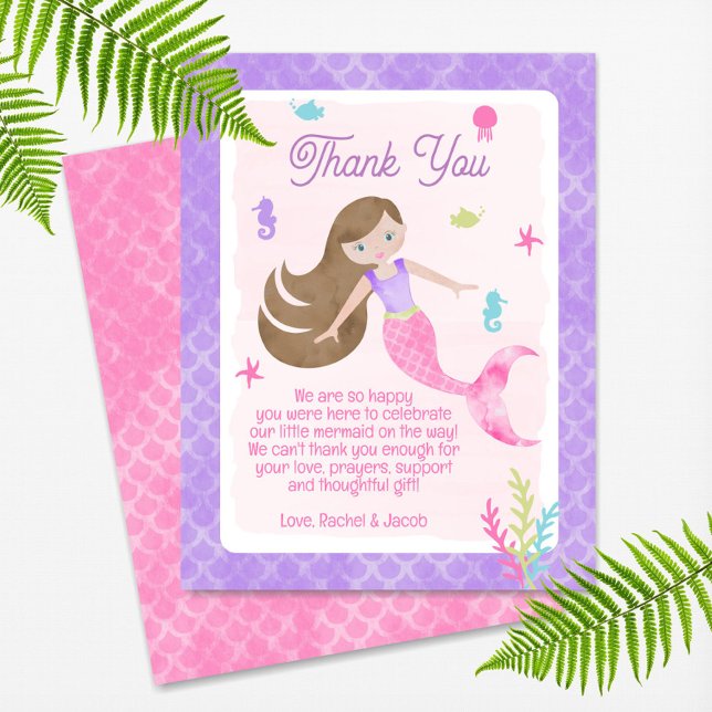 Carte De Remerciements Baby shower d'aquarelle pour cheveux Brown de sirè (Créateur téléchargé)