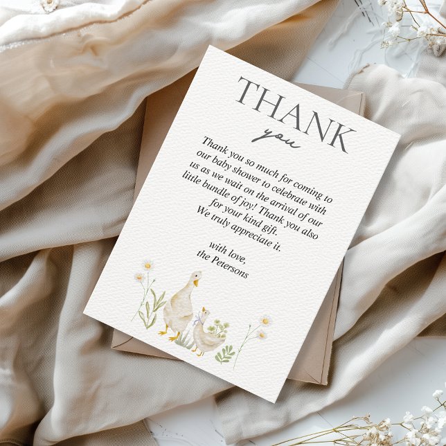 Carte De Remerciements Baby shower d'aquarelle Silly Goose Greenery (Thank You Baby Shower Card Silly Goose Theme Watercolor Aesthetic Cute Modern Animals Minimalist)
