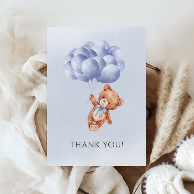 Carte De Remerciements Baby shower d'aquarelle Teddy Bear Blue Balloon (Teddy Bear Blue Balloon Watercolor Boy Baby Shower Thank You Card)