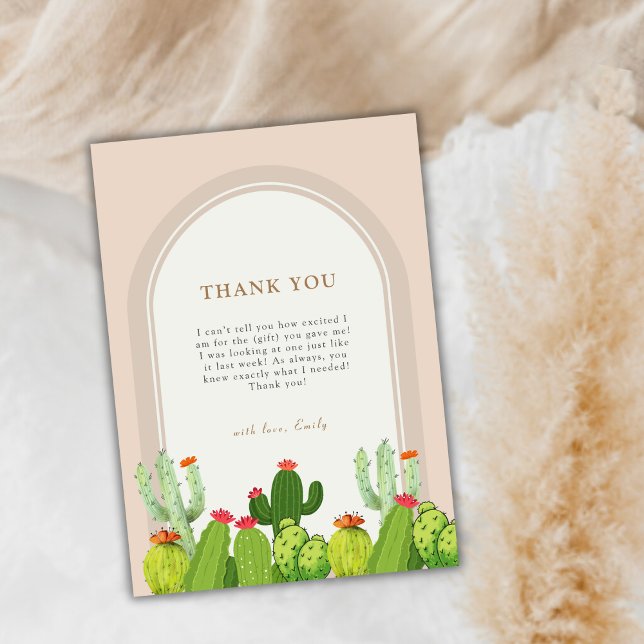 Carte De Remerciements Baby shower d'arche de Boho Cactus neutre par sexe (Gender Neutral Boho Cactus Arch Baby Shower Thank You Card)