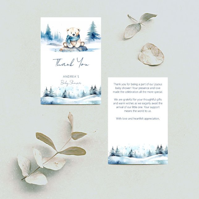 Carte De Remerciements Baby shower d'attente hivernale de l'ours polaire (Polar bear winter bearly wait baby shower thank you card cute polar bear with scarf snow thank you)