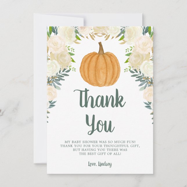 Carte De Remerciements Baby shower d'automne Citrouille floral verdoyant (Devant)