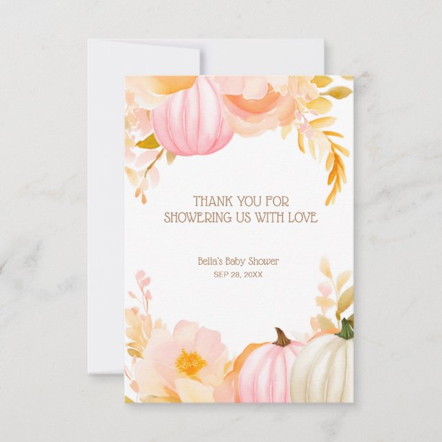 Carte De Remerciements Baby shower d'automne Citrouille rose (Devant)