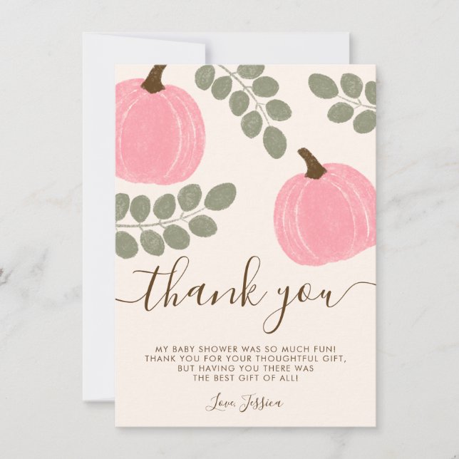 Carte De Remerciements Baby shower d'automne de Citrouille rose mignon Eu (Devant)
