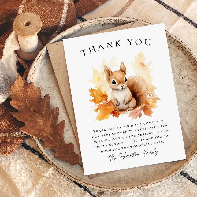Carte De Remerciements Baby shower d'automne d'écureuil en bois mignon (Créateur téléchargé)