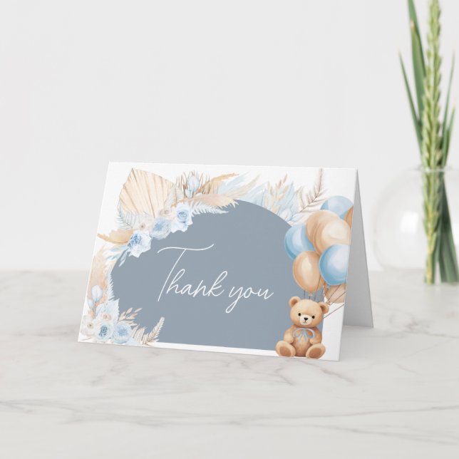Carte De Remerciements Baby shower de ballon à ours bleu Boho (Devant)
