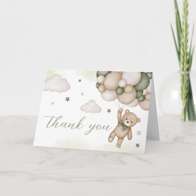 Carte De Remerciements Baby shower de ballon d'ours vert (Devant)