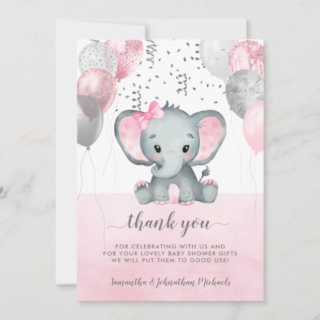 Carte De Remerciements Baby shower de ballons d'éléphant rose mignon (Devant)