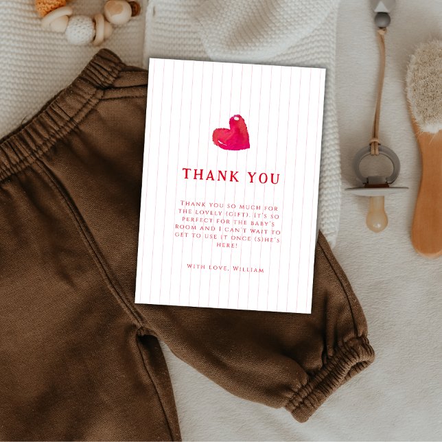 Carte De Remerciements Baby shower de bande cardiaque simple rouge (Red Simple Heart Stripe Baby Shower Thank You Card)