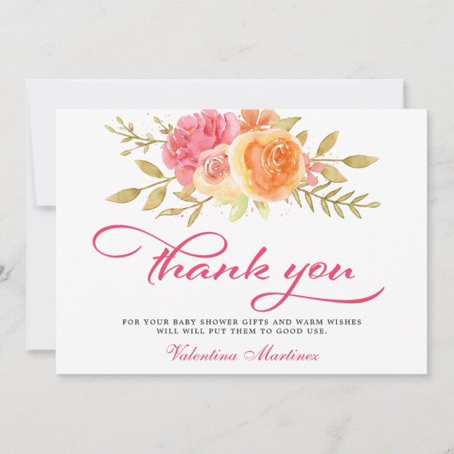 Carte De Remerciements Baby shower de calligraphie florale rose (Devant)