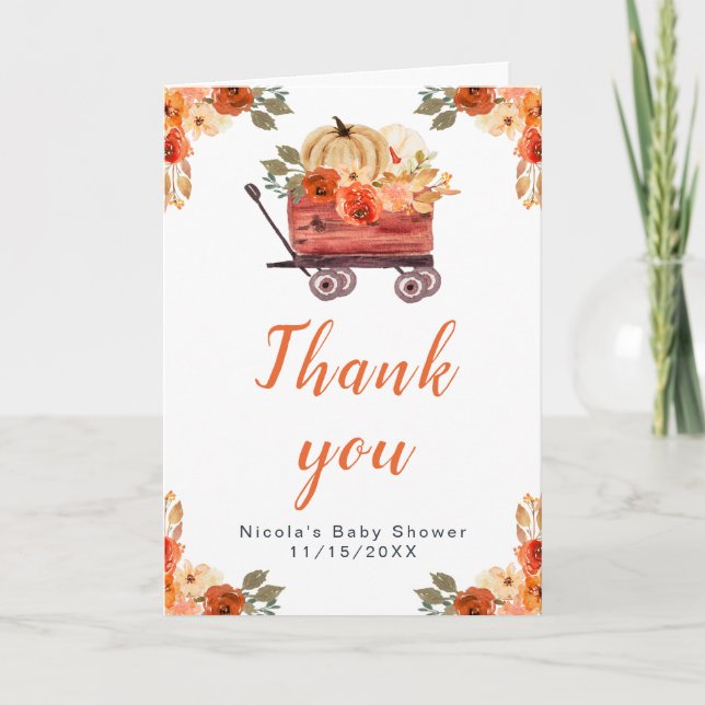 Carte De Remerciements Baby shower de camion Citrouille Floral (Devant)