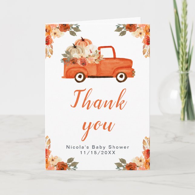 Carte De Remerciements Baby shower de camion Citrouille Floral (Devant)