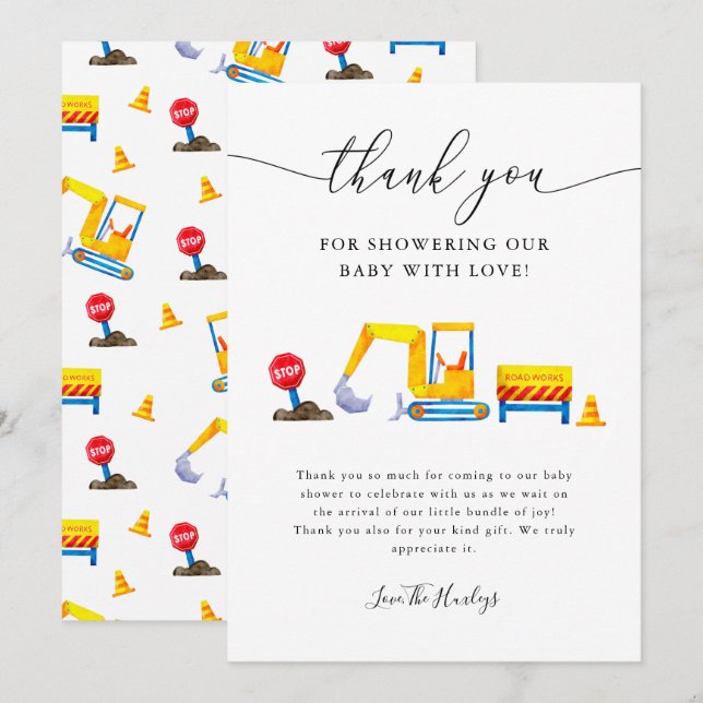 Carte De Remerciements Baby shower de camion de construction (Devant / Derrière)