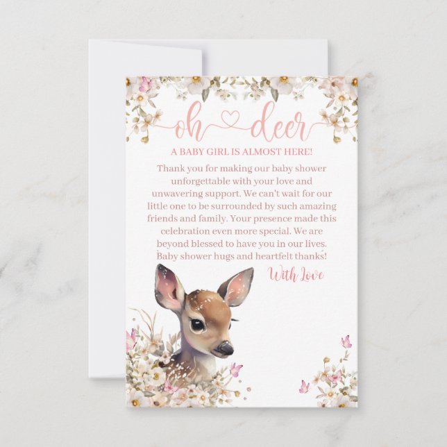 Carte De Remerciements Baby shower de cerfs de bois fille (Devant)