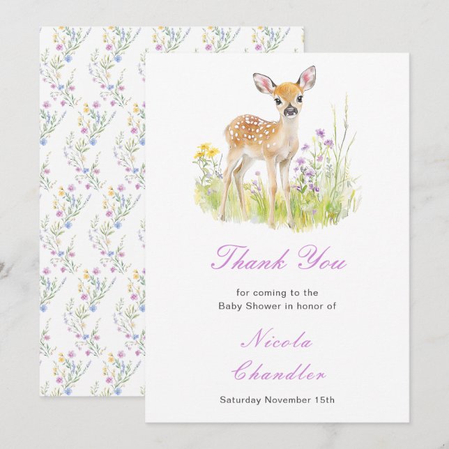 Carte De Remerciements Baby shower de cerfs de printemps (Devant / Derrière)