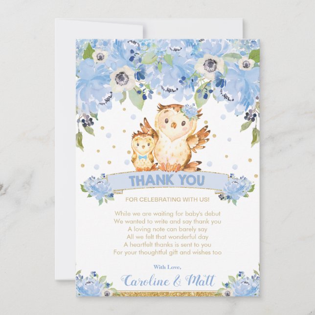 Carte De Remerciements Baby shower de Chouette Florale Bleu Garçon (Devant)