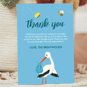 Carte De Remerciements Baby shower de cigogne bleue mignonne