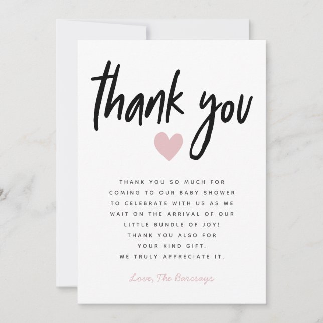 Carte De Remerciements Baby shower de coeur rose moderne (Devant)
