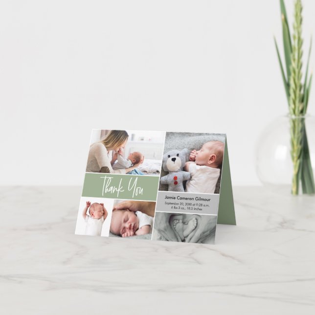 Carte De Remerciements Baby shower de collage photo de manutention vert (Devant)