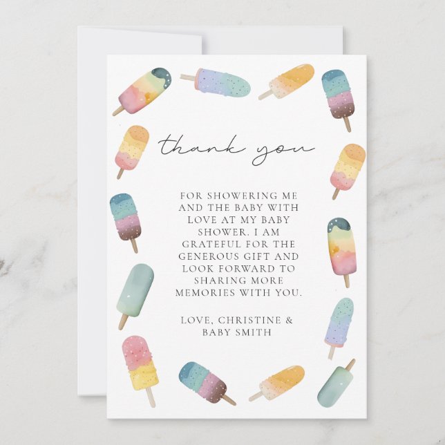 Carte De Remerciements Baby shower de couleur aquarelle Popsicle (Devant)