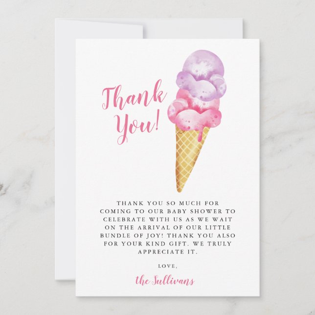 Carte De Remerciements Baby shower de crème glacée rose violet (Devant)