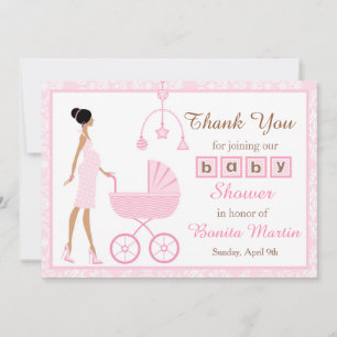 Carte De Remerciements Baby shower de femme afro-américaine rose Damask