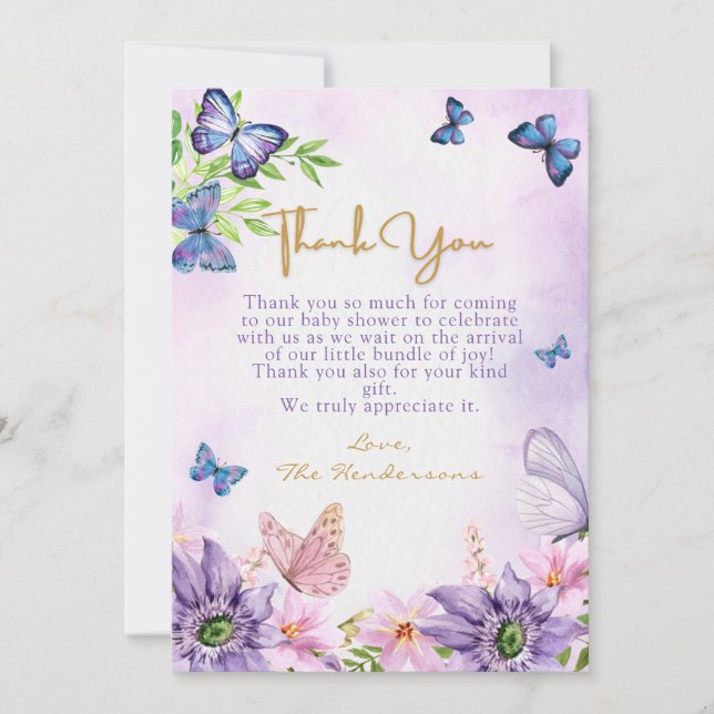 Carte De Remerciements Baby shower de fille à papillon violet modifiable (Devant)